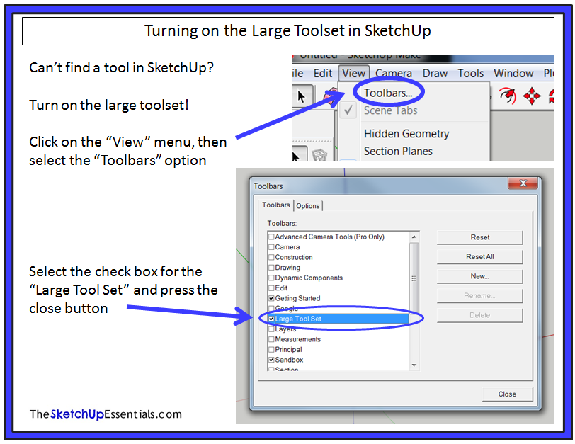 Turning on the Large Toolset in SketchUp